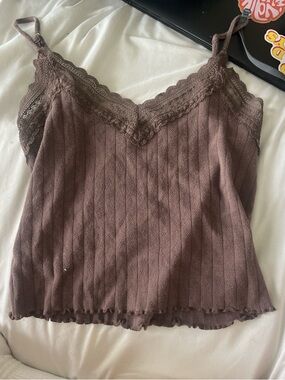 American Eagle Outfitters Lace-Trim Ribbed Cami - Mauve Brown